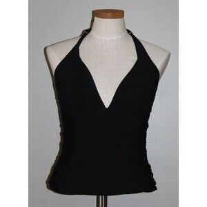 Lands End Tankini Womans Size 6 Black Swim Top Halter Deep- V Neck Ruched Sides